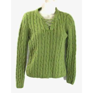 Kate Hill Casual Sweater Size Medium Green V-Neck Cable Knit Tie Long Sleeves